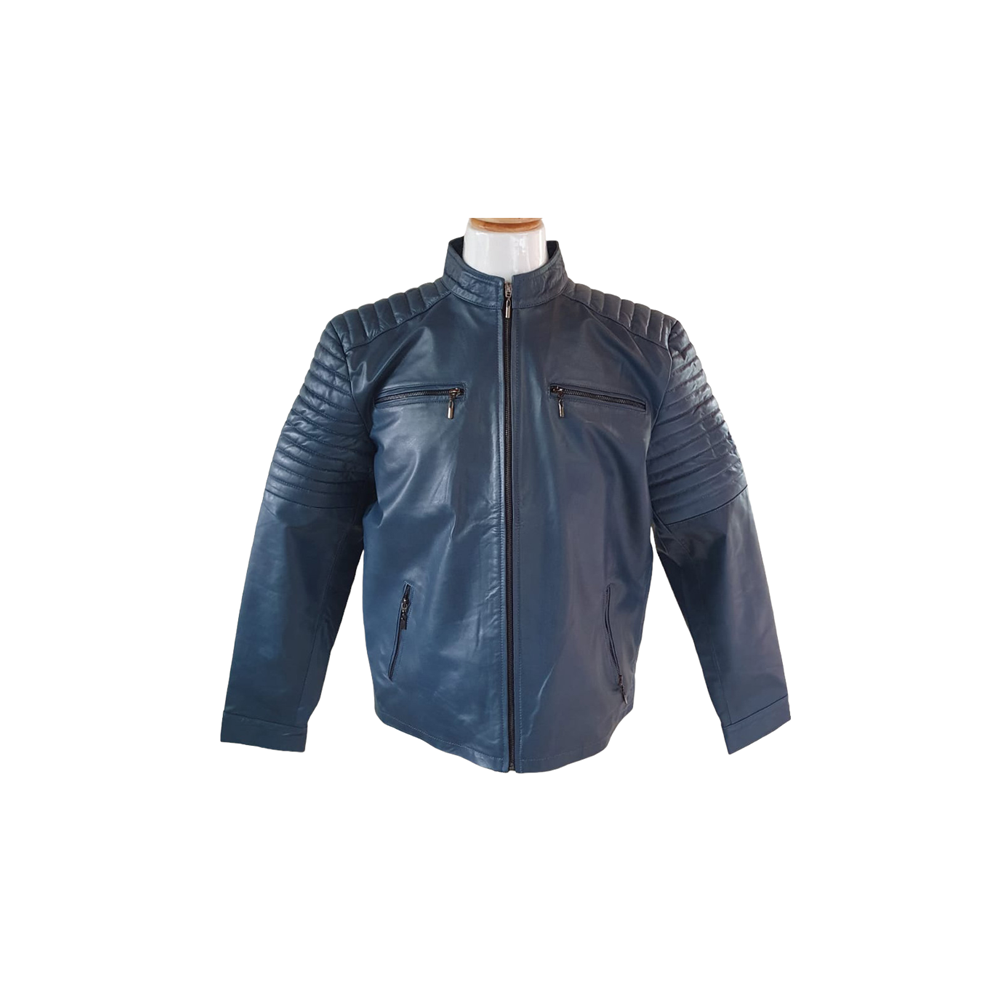 Jacket de Cuero Azul con Hombros Acolchados para Hombre | 100% Cuero Bovino