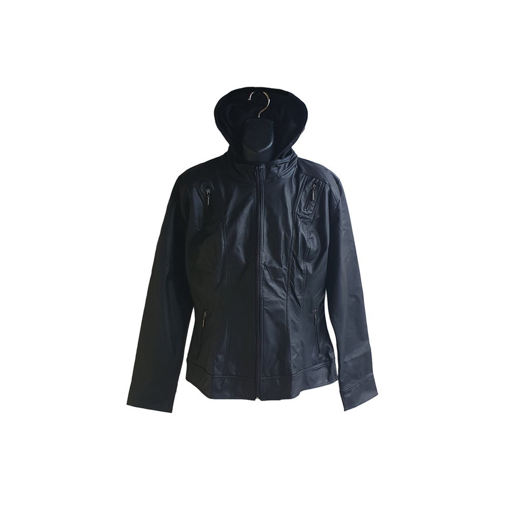 Jacket de Cuero Sintético Negra con Capucha para Hombre
