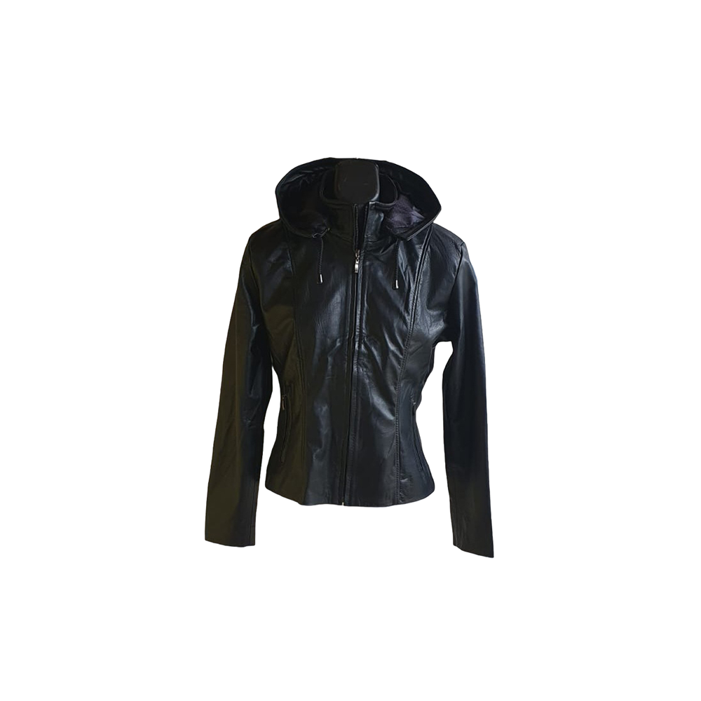 Jacket de Cuero Bovino Negra para Mujer con Capucha