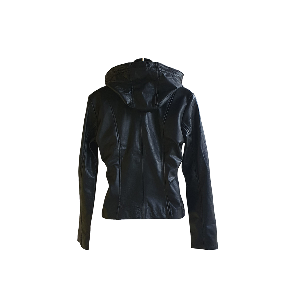 Jacket de Cuero Bovino Negra para Mujer con Capucha en modayestilocr en Costa Rica