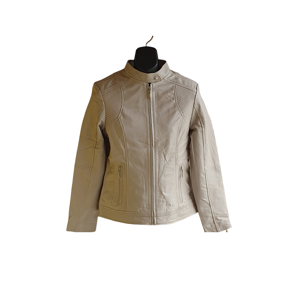 Jacket de Cuero Bovino Beige para Mujer Estilo Casual