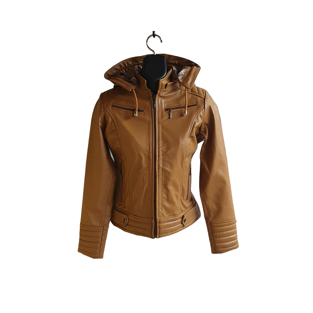 Jacket de Cuero Bovino Camel para Mujer con Capucha