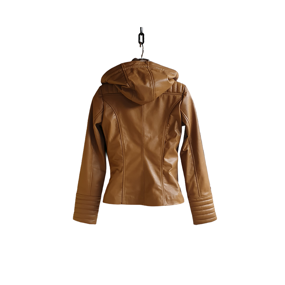 Jacket de Cuero Bovino Camel para Mujer con Capucha en modayestilocr en Costa Rica