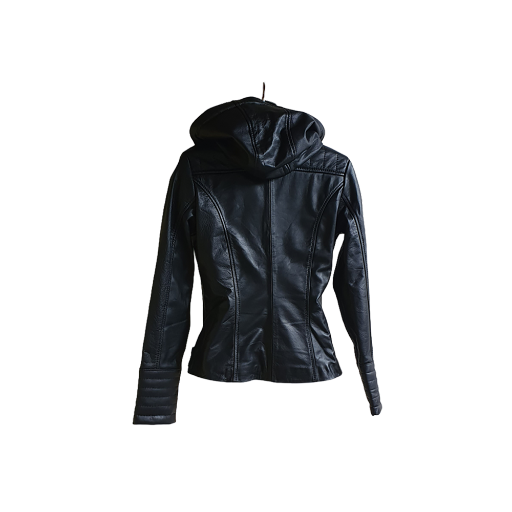 Jacket de Cuero Bovino Negra para Mujer con Capucha Desmontable en modayestilocr en Costa Rica