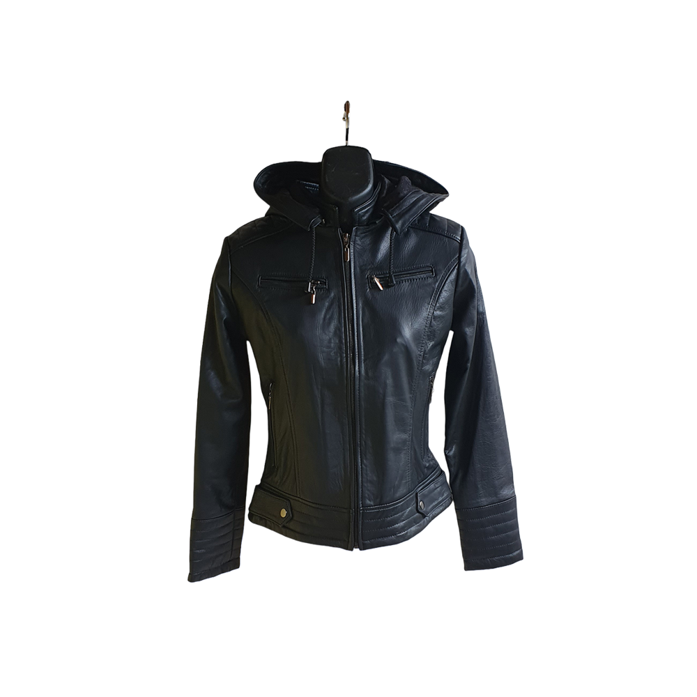 Jacket de Cuero Bovino Negra para Mujer con Capucha Desmontable