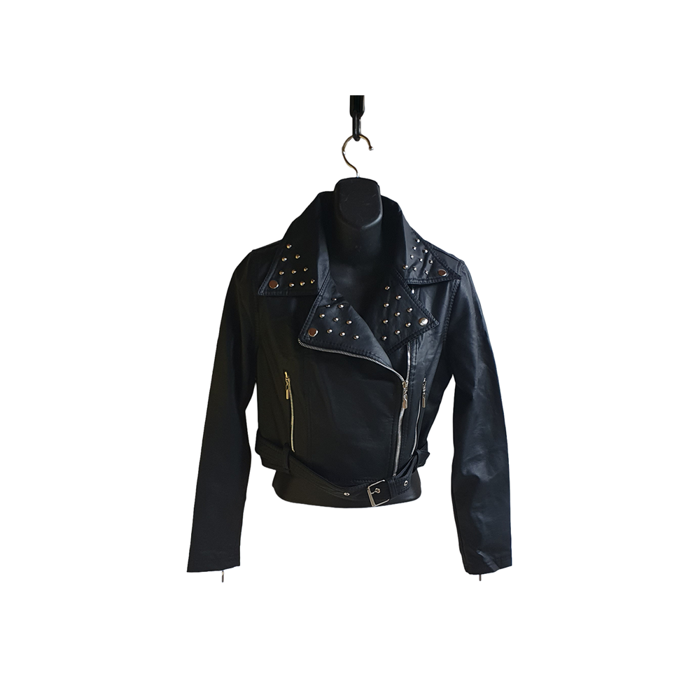 Jacket Biker de Cuero Sintético Negra para Mujer con Taches
