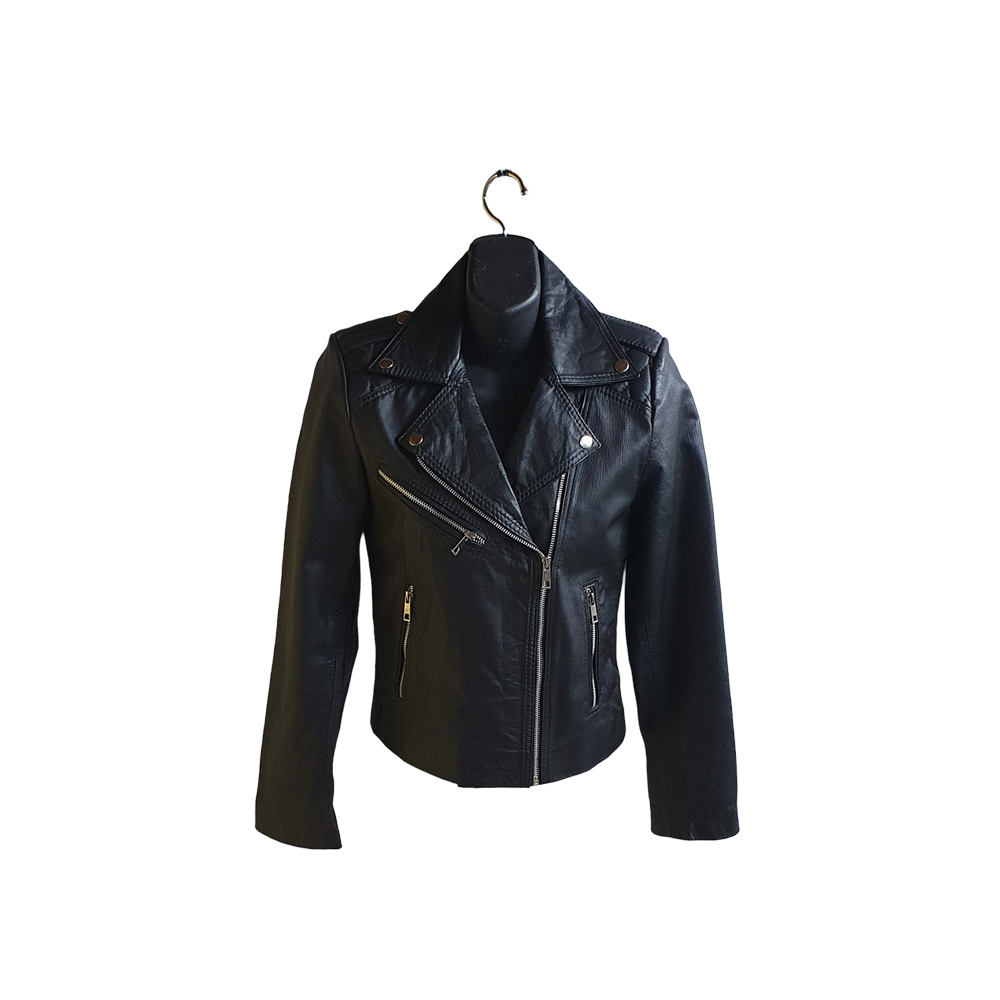 Jacket de Cuero Bovino Negra para Mujer Escote Cruzado